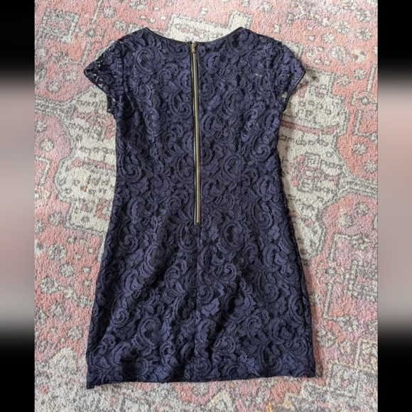 Club Monaco Navy Blue Lace Lined  Sheath Dress Leather Detail Gold Zip Size 6 - Picture 5 of 7